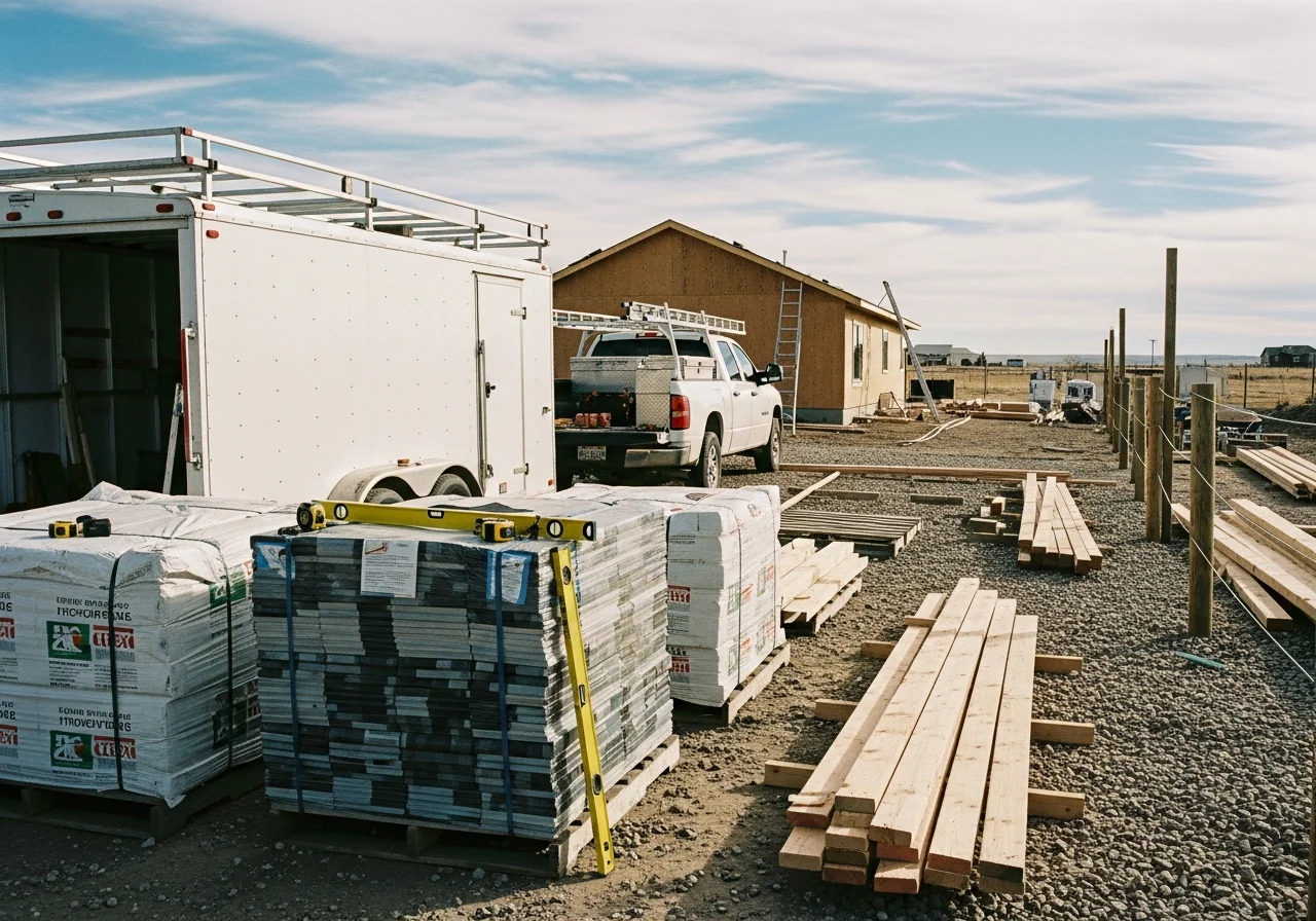 Construction crew and tools on a residential job site, showcasing roofing, siding, and remodeling work in progress.