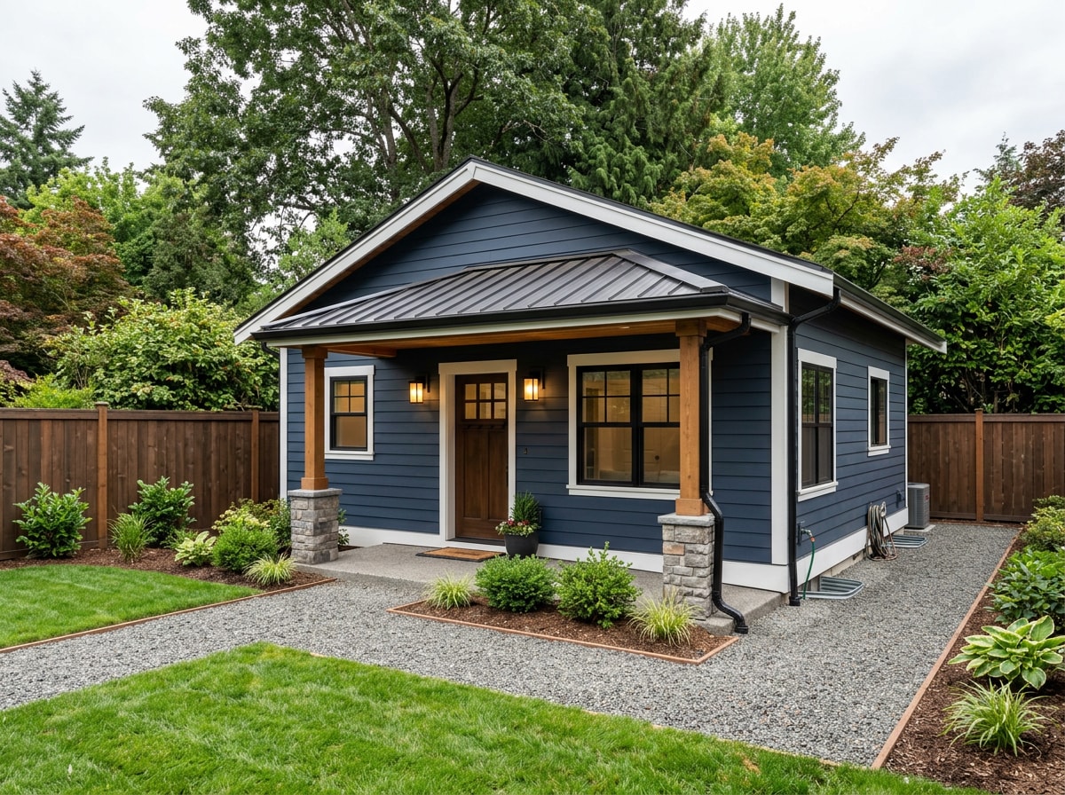Finished detached backyard ADU with separate entrance, covered porch and lap siding on a Colorado residential lot