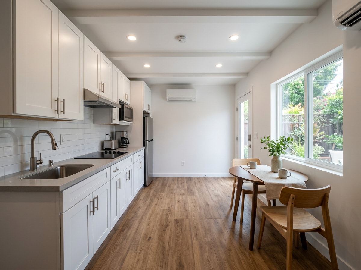 Finished garage conversion ADU interior with compact kitchen, luxury vinyl plank flooring and insulated exterior wall