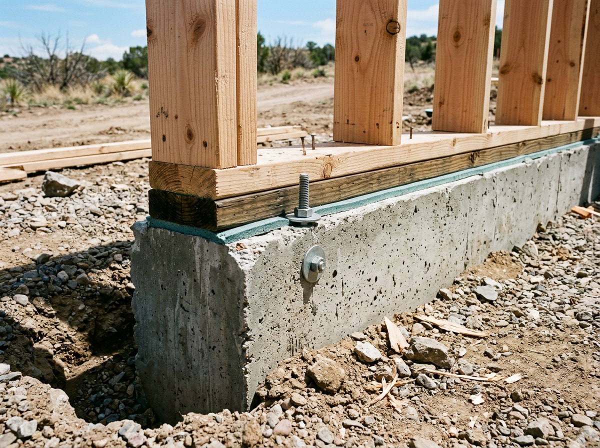 Close up of ADU foundation and framing detail showing deep frost footings, anchor bolts and sill sealer on a Colorado job site