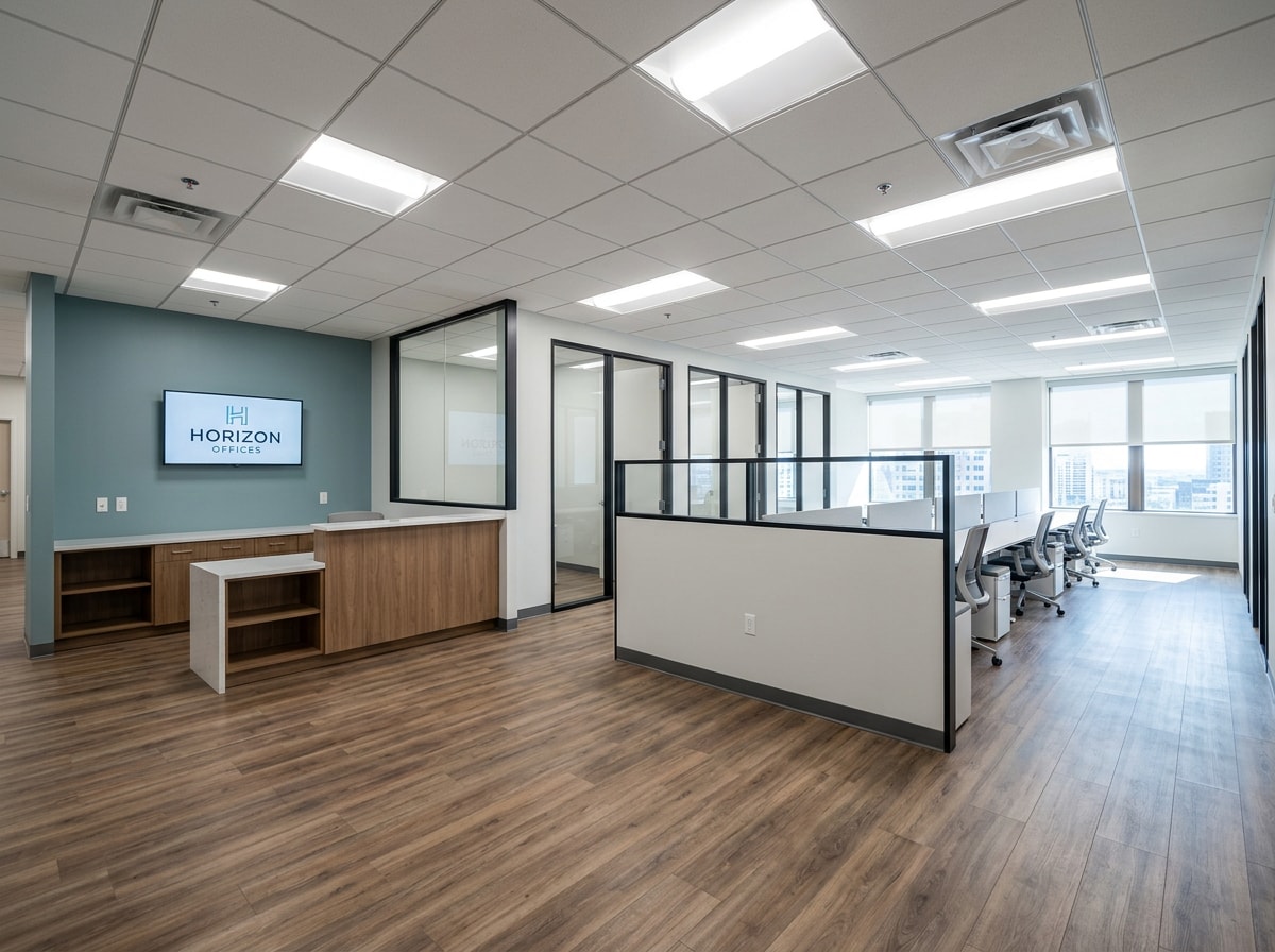 Finished commercial office interior after a tenant improvement build-out with new ceiling grid and LVT flooring