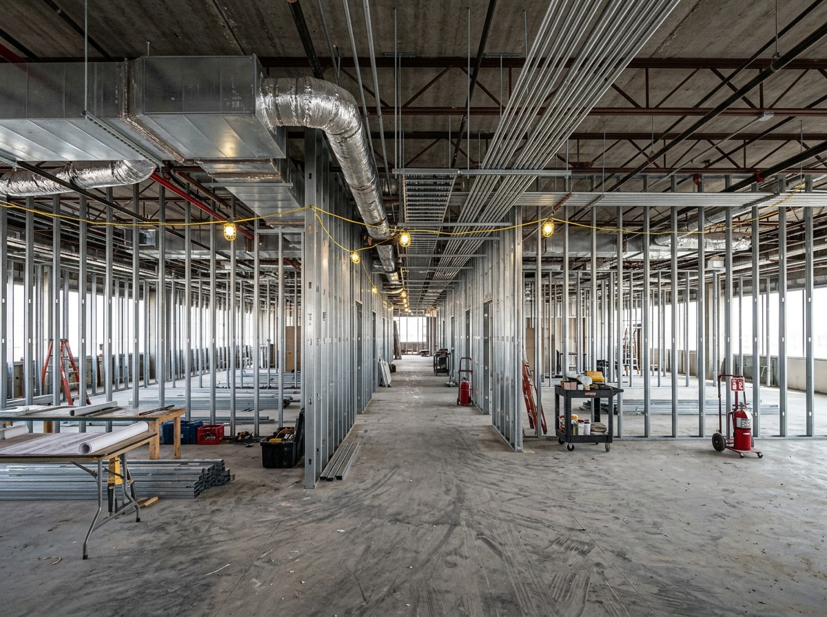 Commercial tenant finish in progress with new metal stud framing and overhead MEP rough-in