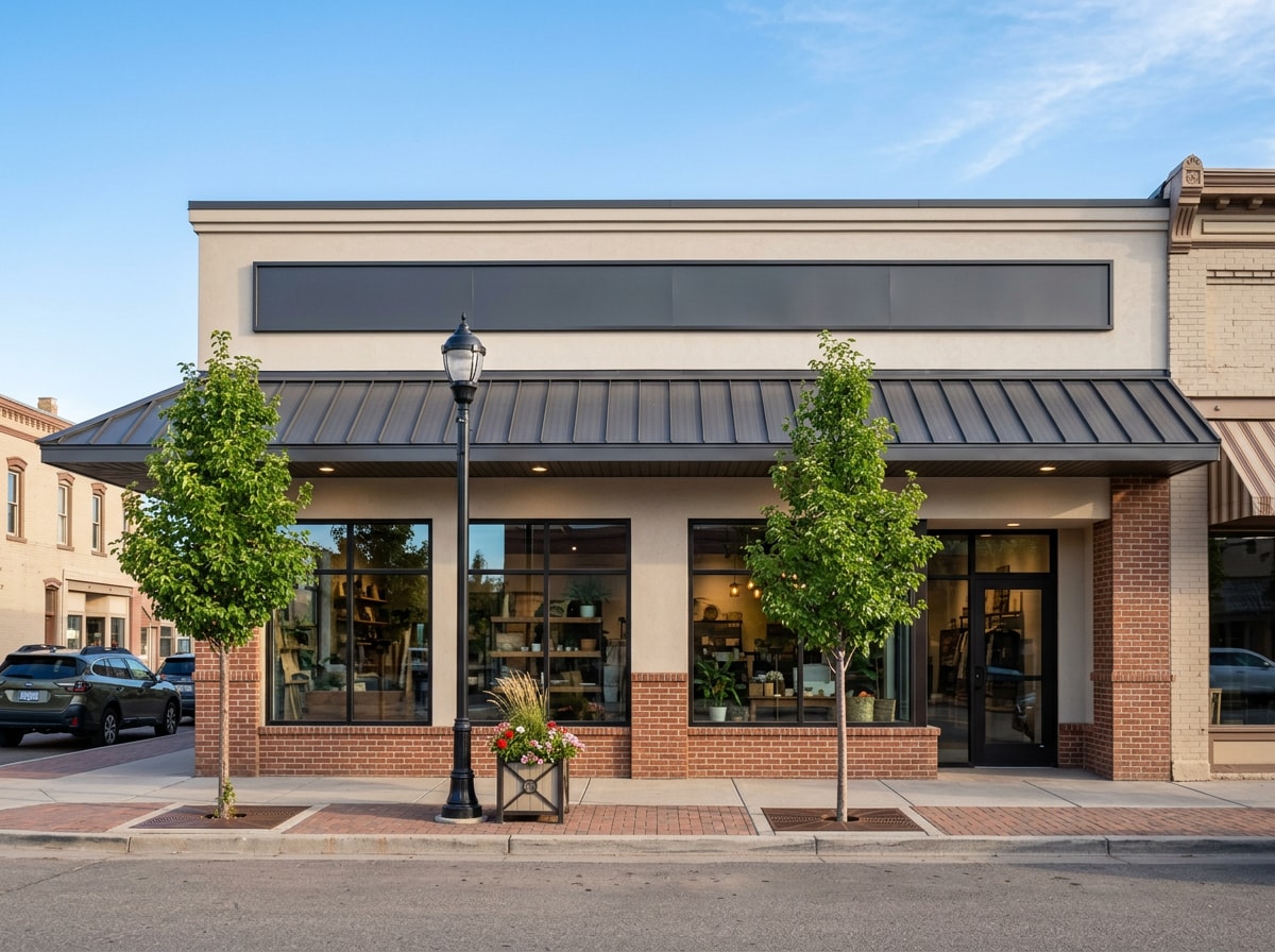 Exterior of a renovated small-town commercial storefront with new awning and signage