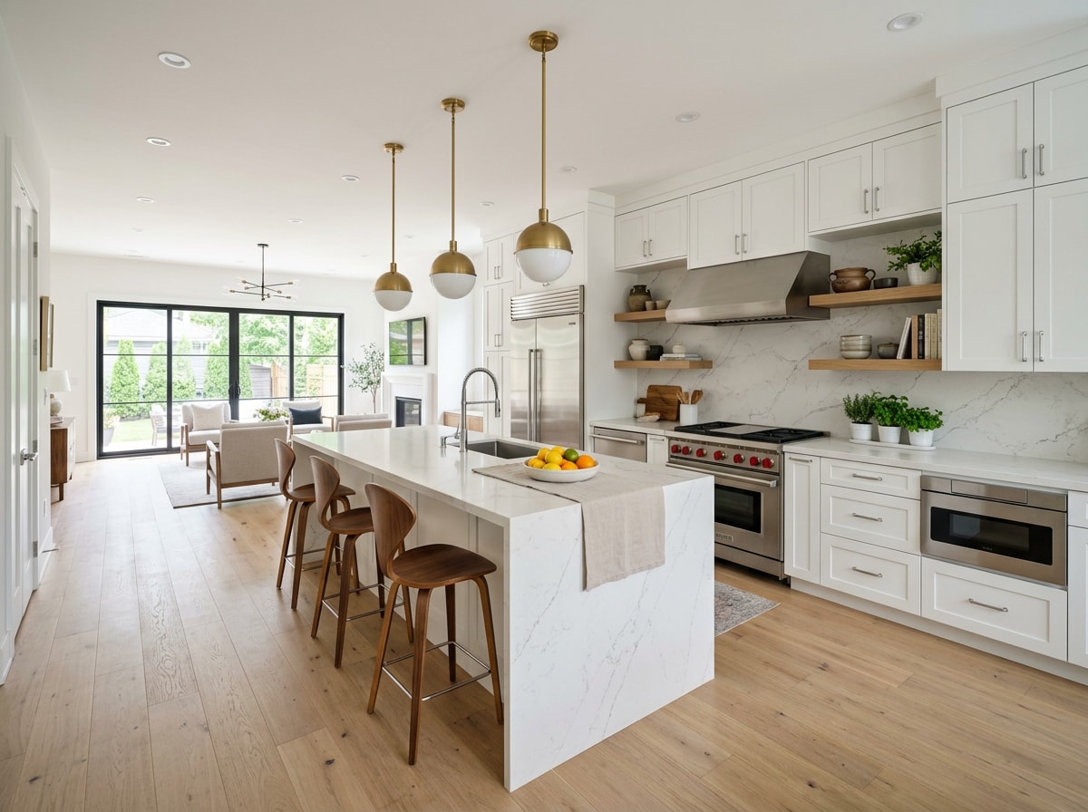 Finished open-concept kitchen remodel with quartz counters and custom cabinetry in a Commerce City home