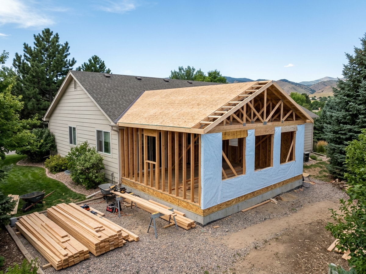 Framed room addition with new roof tie-in on a Colorado single-family home