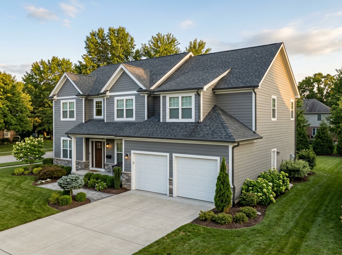 Completed exterior with new architectural shingle roof and fiber cement siding on a Colorado home