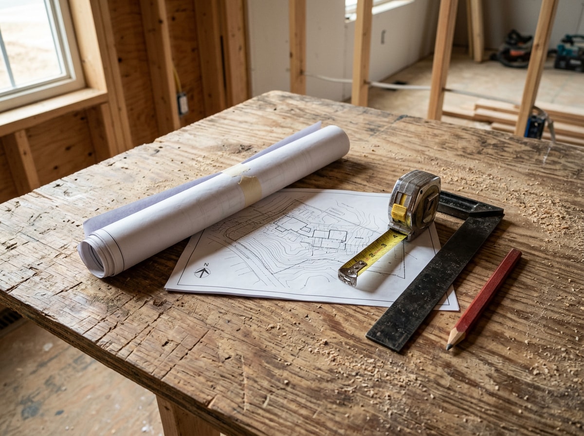 Design-build project drawings, tape measure and framing square laid out on a finished job site table
