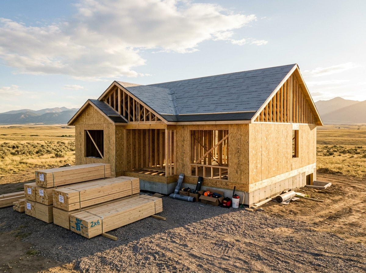 New residential framing with sheathing and a dried-in roof on a Colorado plains lot at golden hour