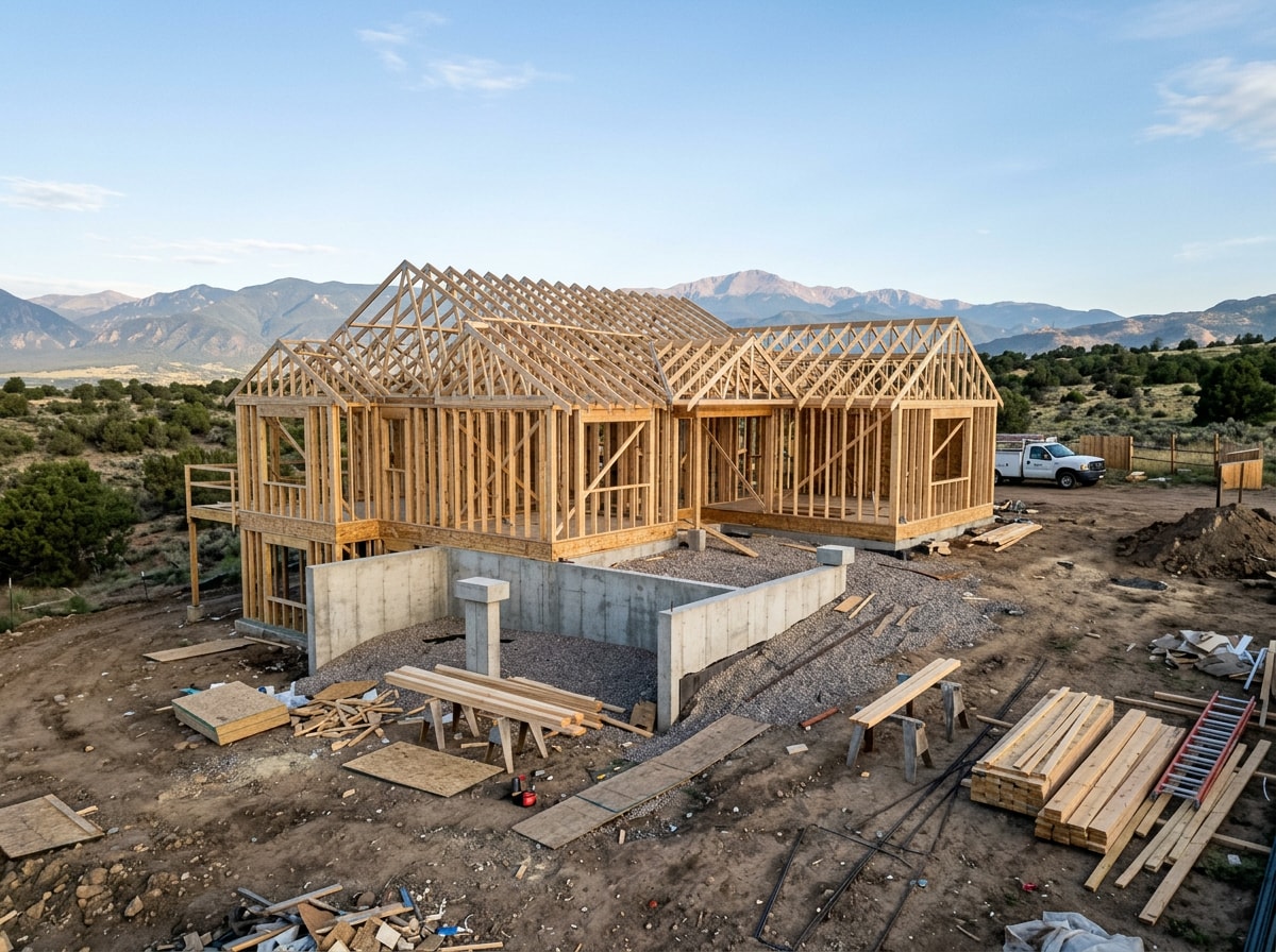 Framed new home under construction with engineered foundation walls in Thornton Colorado