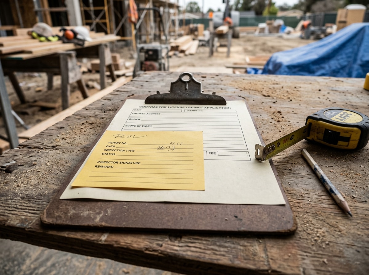 Contractor license documents and approved building permit card on a job site table