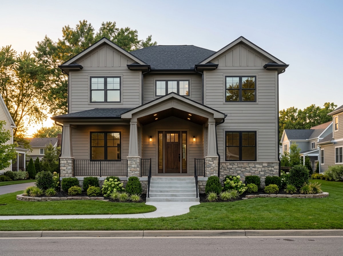 Completed custom home exterior with stone and fiber cement siding in the north Denver metro