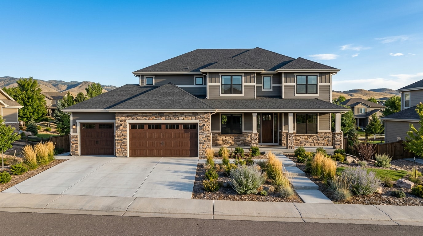 Completed custom home exterior with stone and siding in the Thornton Colorado area Completed custom home exterior with stone and siding in the Thornton Colorado area