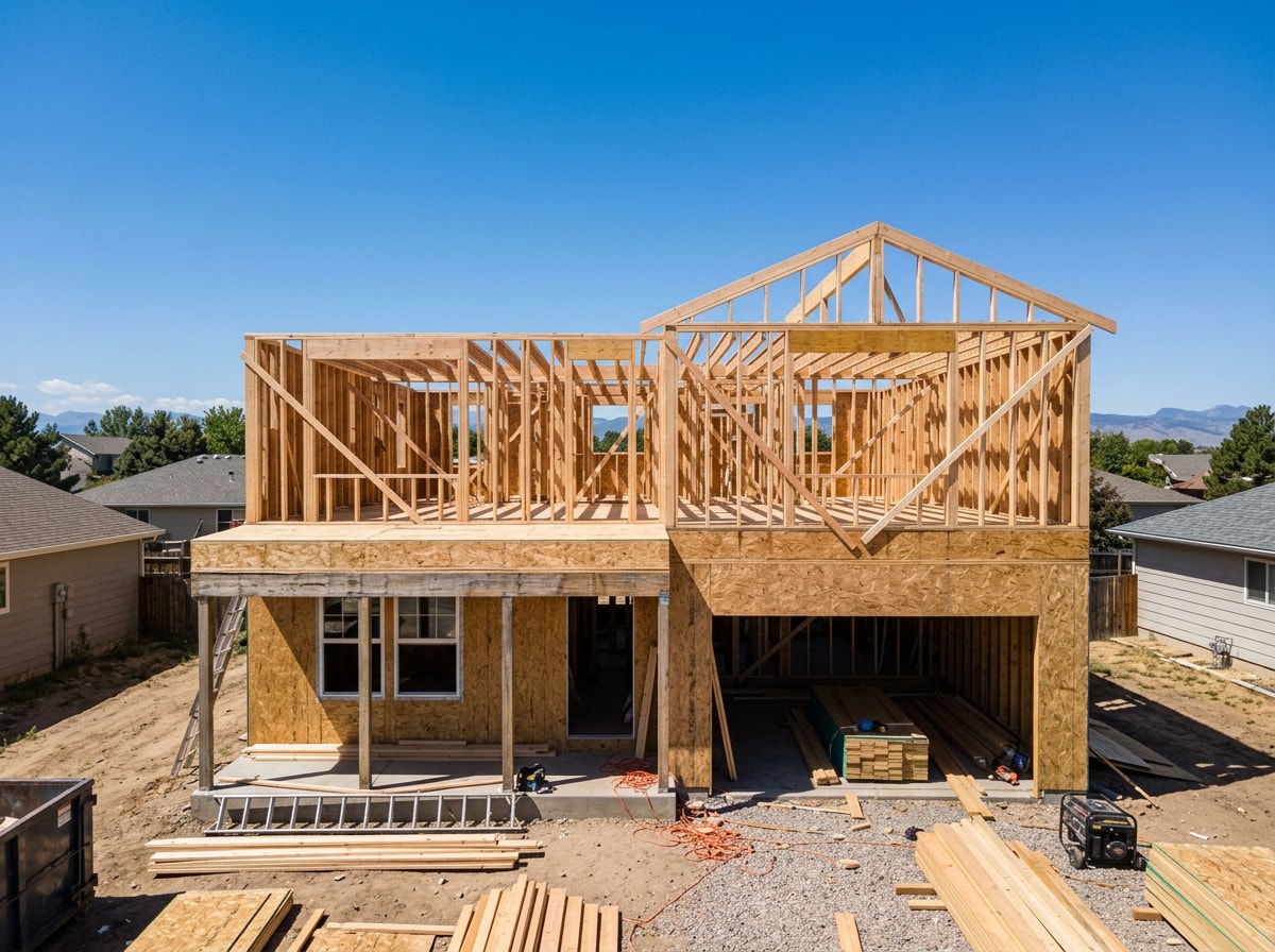 Framing stage of a second story addition showing new floor system over existing walls