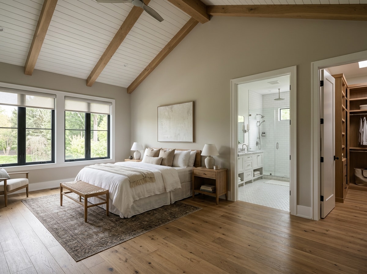 Interior of a finished master suite addition with en-suite bathroom and walk-in closet