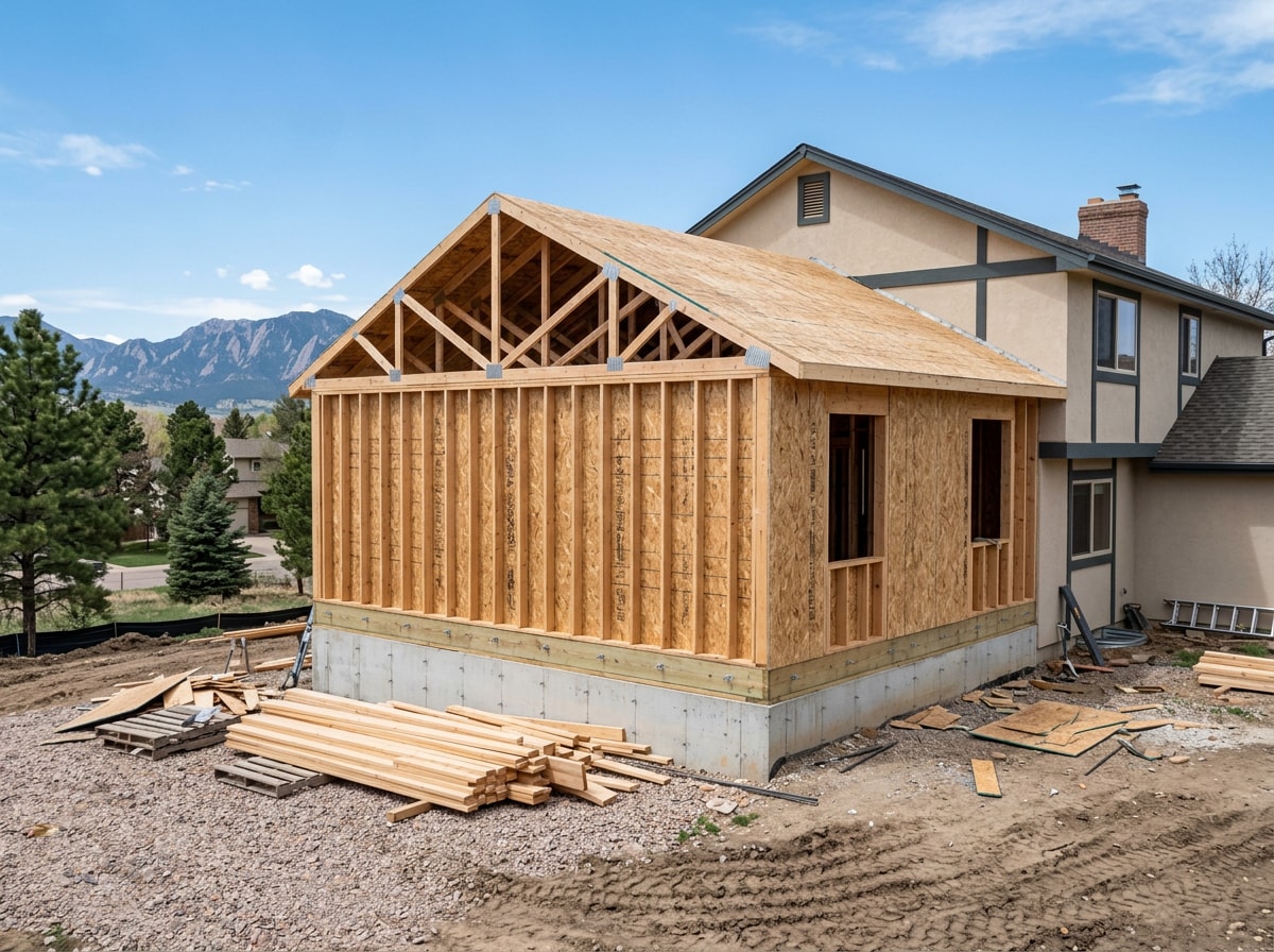 Framed and sheathed single story home addition tying into an existing Colorado house