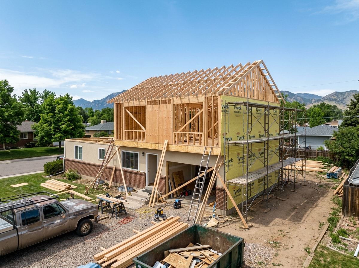 Second story pop top addition with new roof framing over an existing single story house