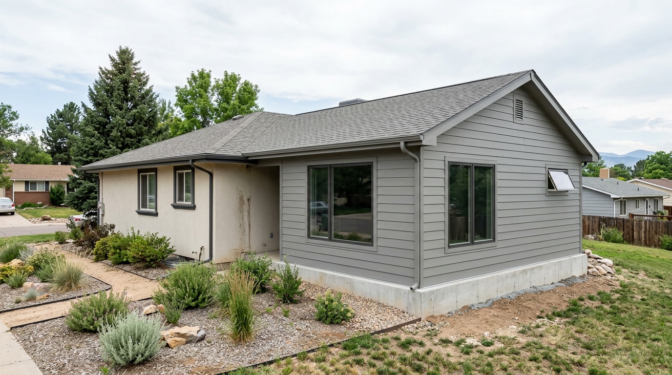 Finished single story home addition matching the siding and roofline of an existing Henderson Colorado house Finished single story home addition matching the siding and roofline of an existing Henderson Colorado house