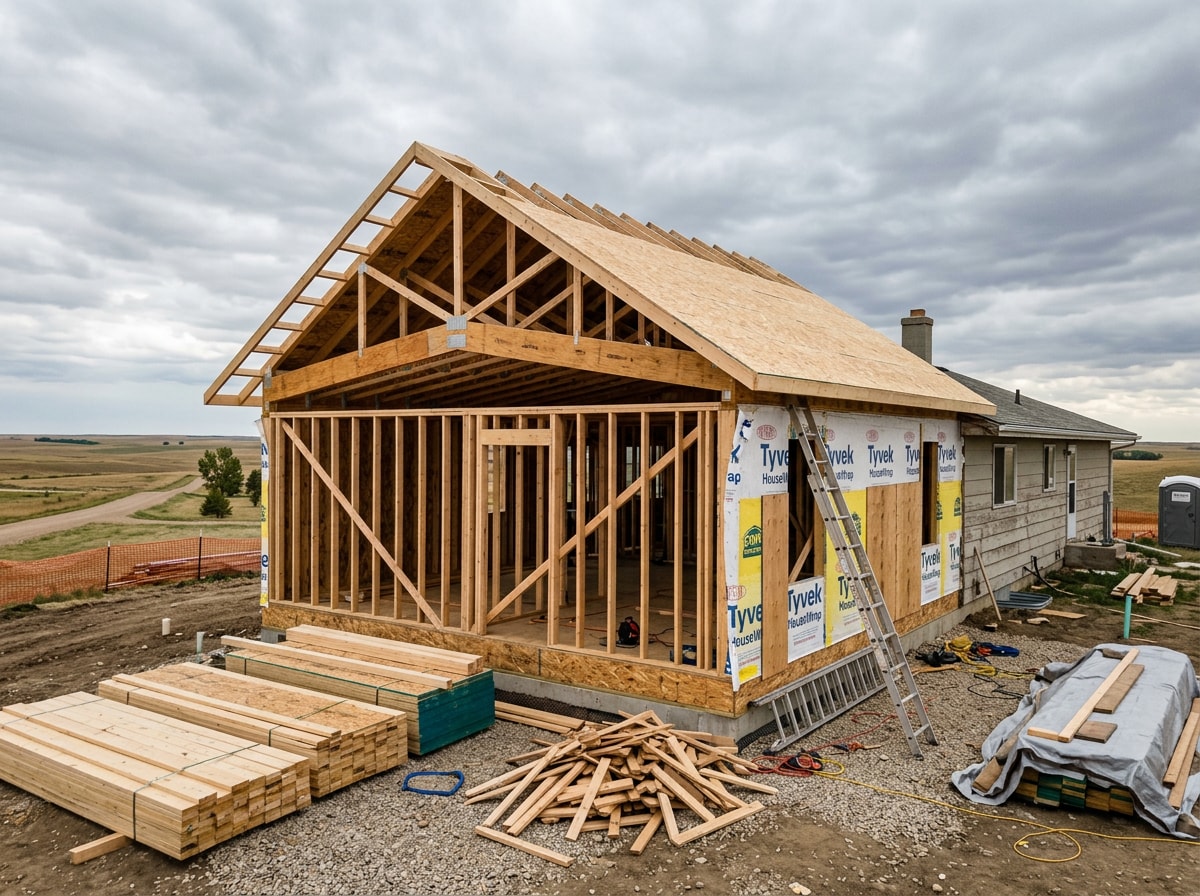 Framed home addition with new roof sheathing on a Colorado Eastern Plains property