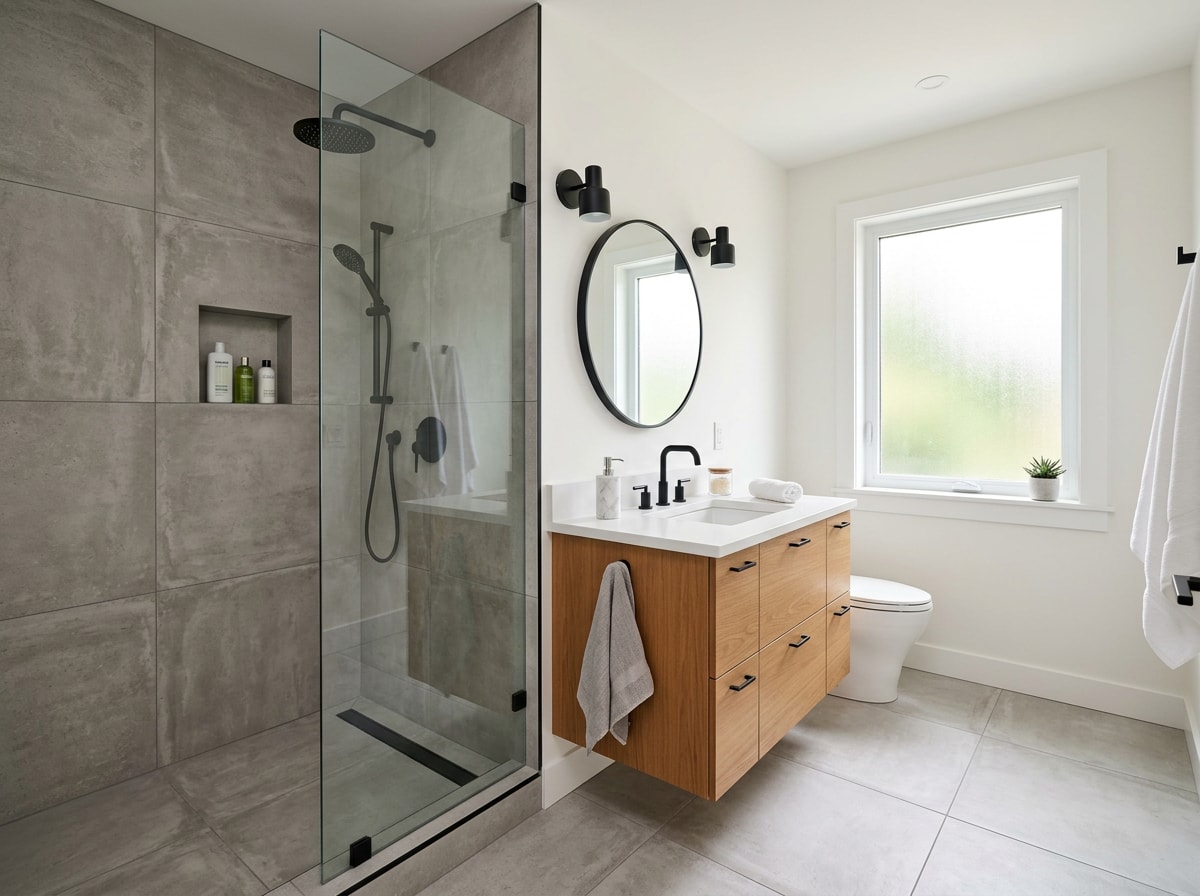 Completed bathroom remodel with tiled walk-in shower and new vanity