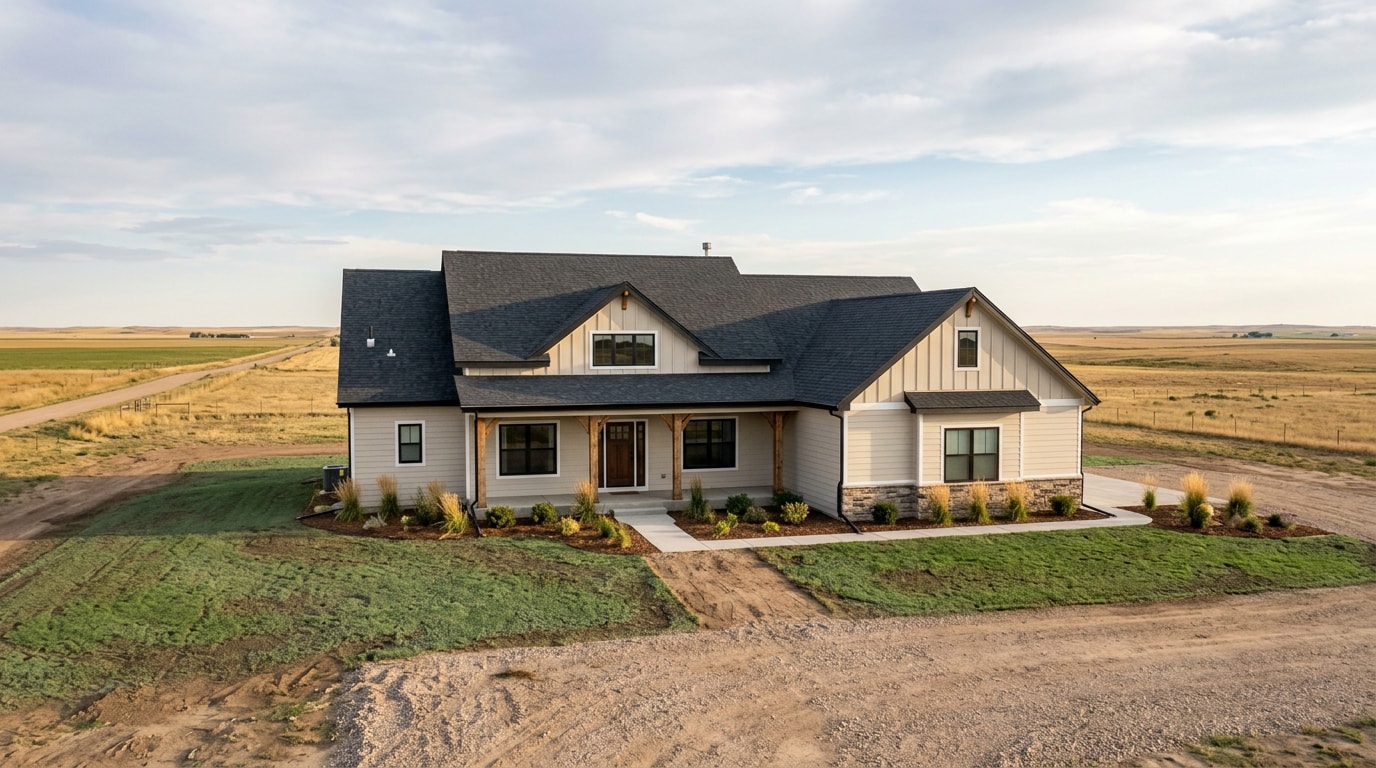 Newly finished home exterior with new siding and roof on Colorado's Eastern Plains
