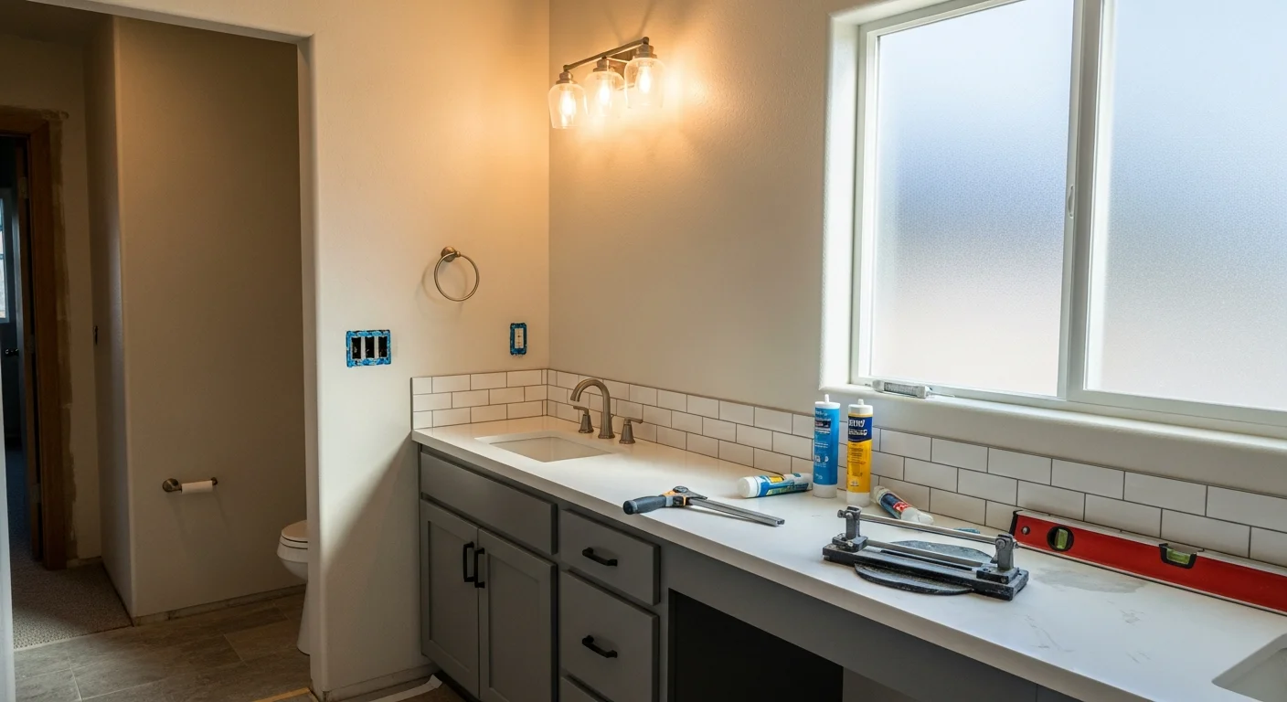 Bathroom remodel showing new fixtures and tile work