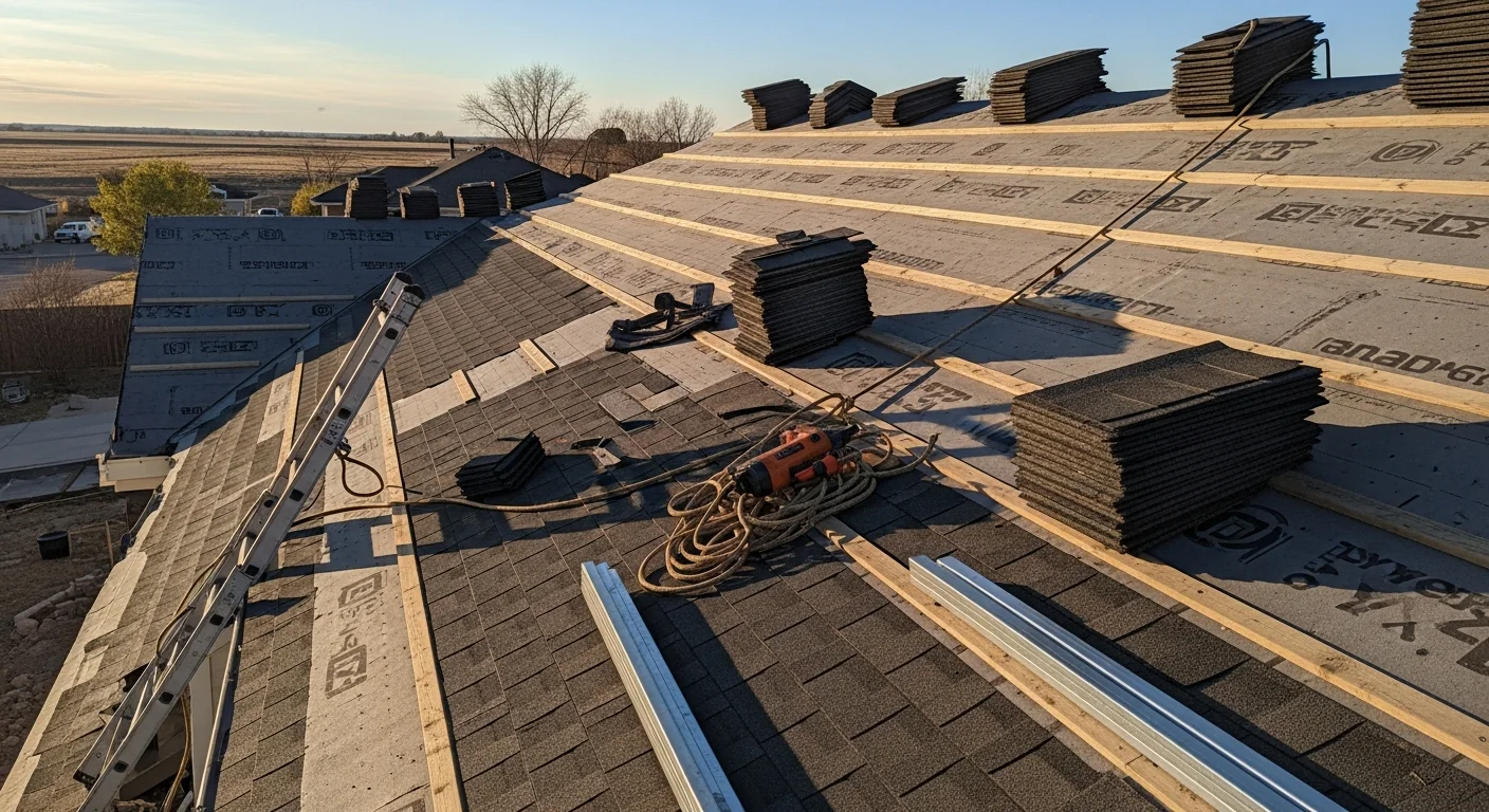 Roofer installing new roofing materials on residential home