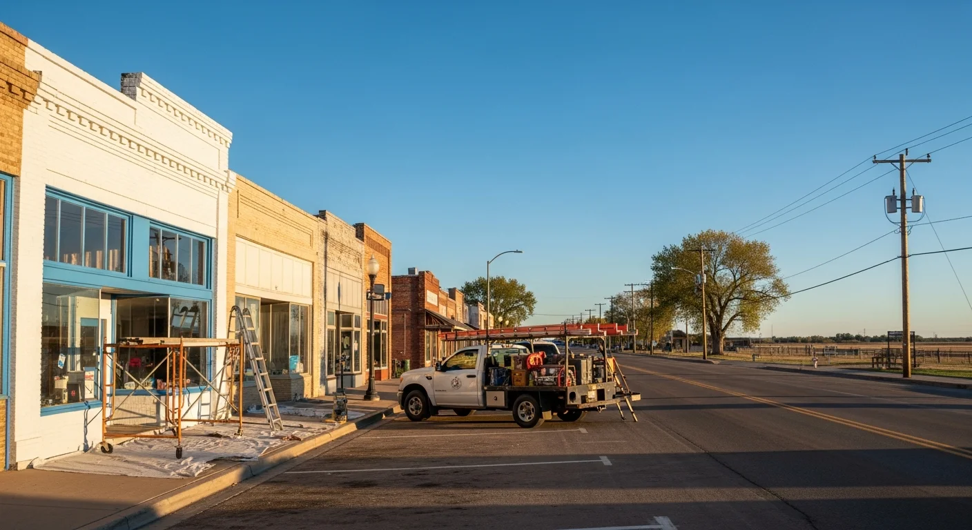 Wide view of Fort Morgan's main commercial corridor with clear skies and flat terrain typical of northeastern Colorado.