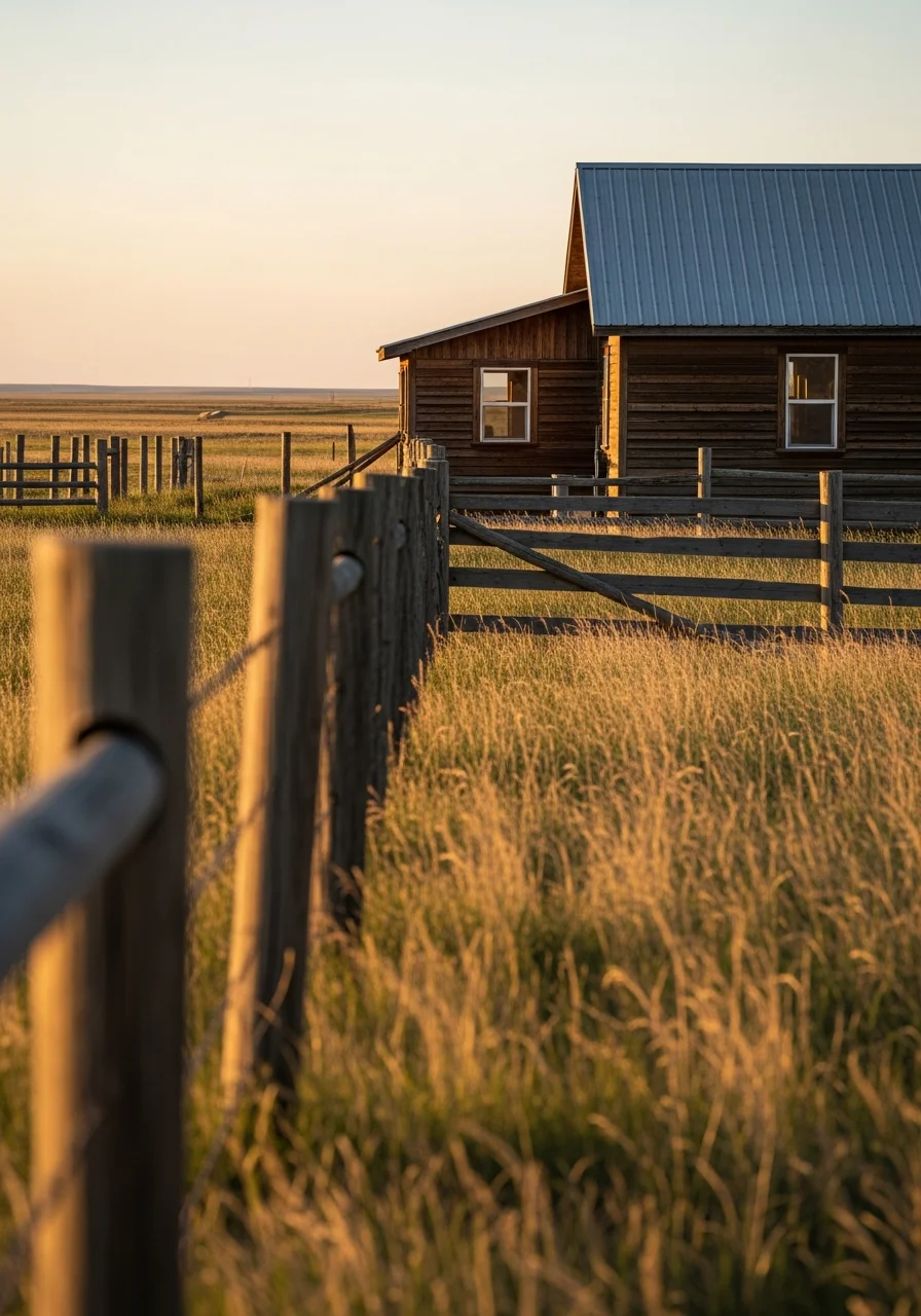 Close-up of a rural home or farm building in Sterling with surrounding land and fencing.