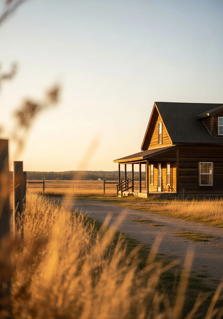 Close-up of a rural residence or farm structure in Wiggins with surrounding property and land.