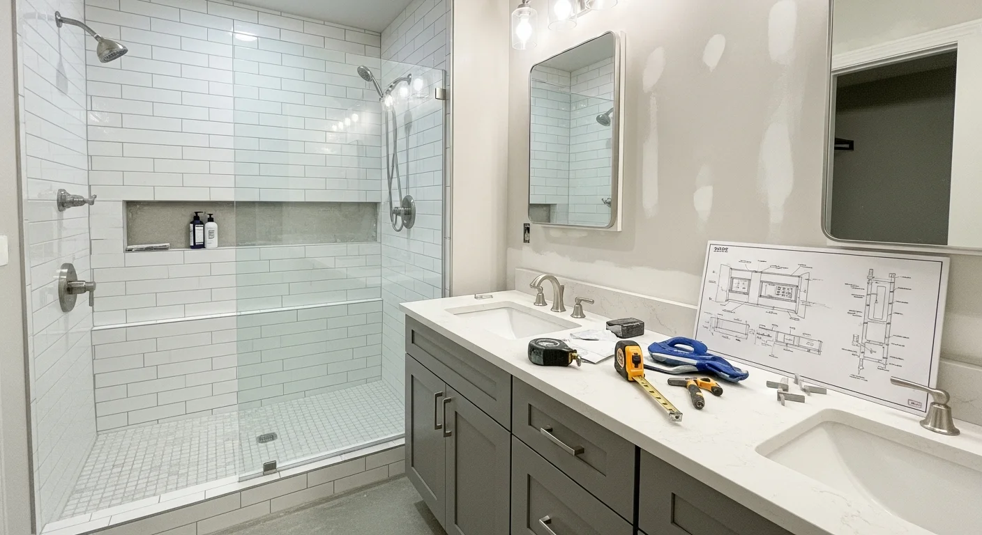 A remodeled bathroom in a Fort Morgan, Colorado single-family home showing new floor tile, a updated vanity, and a tiled walk-in shower. The space reflects a clean, practical finish typical of ranch-style home renovations in the Fort Morgan area.