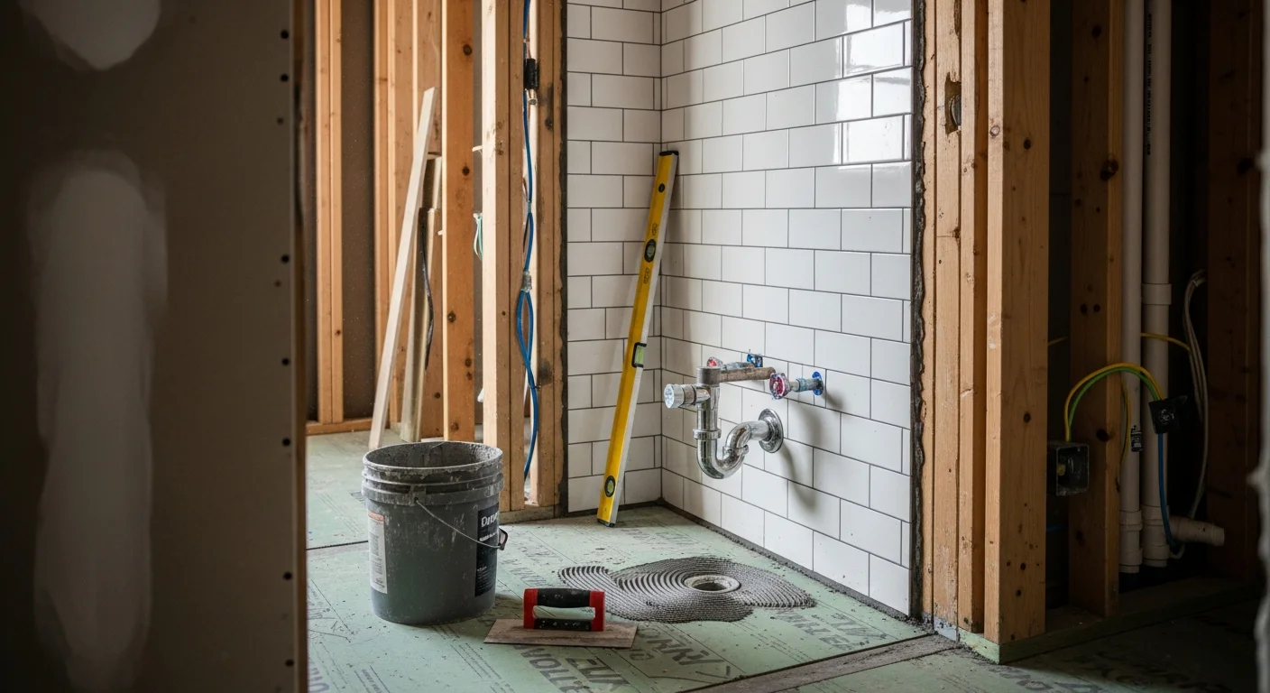 Renovated bathroom interior in a Fort Morgan, Colorado ranch-style home, showing a tiled walk-in shower, new vanity with undermount sink, and updated flooring. Work completed by Eldorado Builds, a bathroom remodeling contractor serving Fort Morgan, CO.