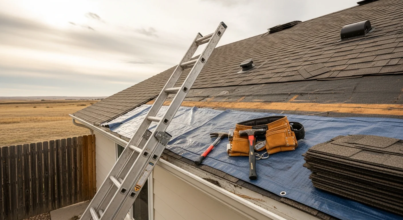 A Fort Morgan residential rooftop showing hail-damaged shingles with missing granules and exposed underlayment after a Colorado storm. A roofing contractor from Eldorado Builds inspects the damaged sections during an emergency roof repair assessment.