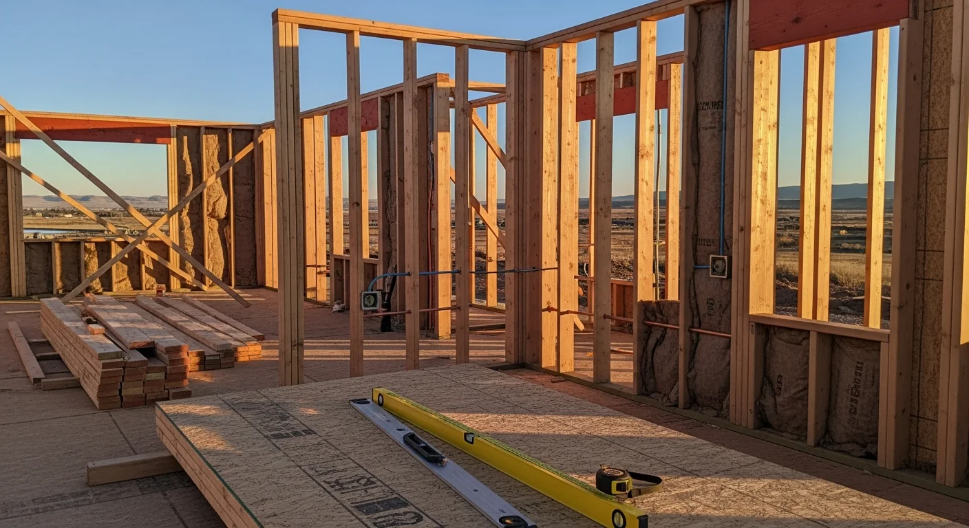 A newly framed single-family home under construction on a residential lot in Fort Morgan, Colorado, with open high plains visible in the background. Wood framing and roof trusses are in place under a clear blue Colorado sky.