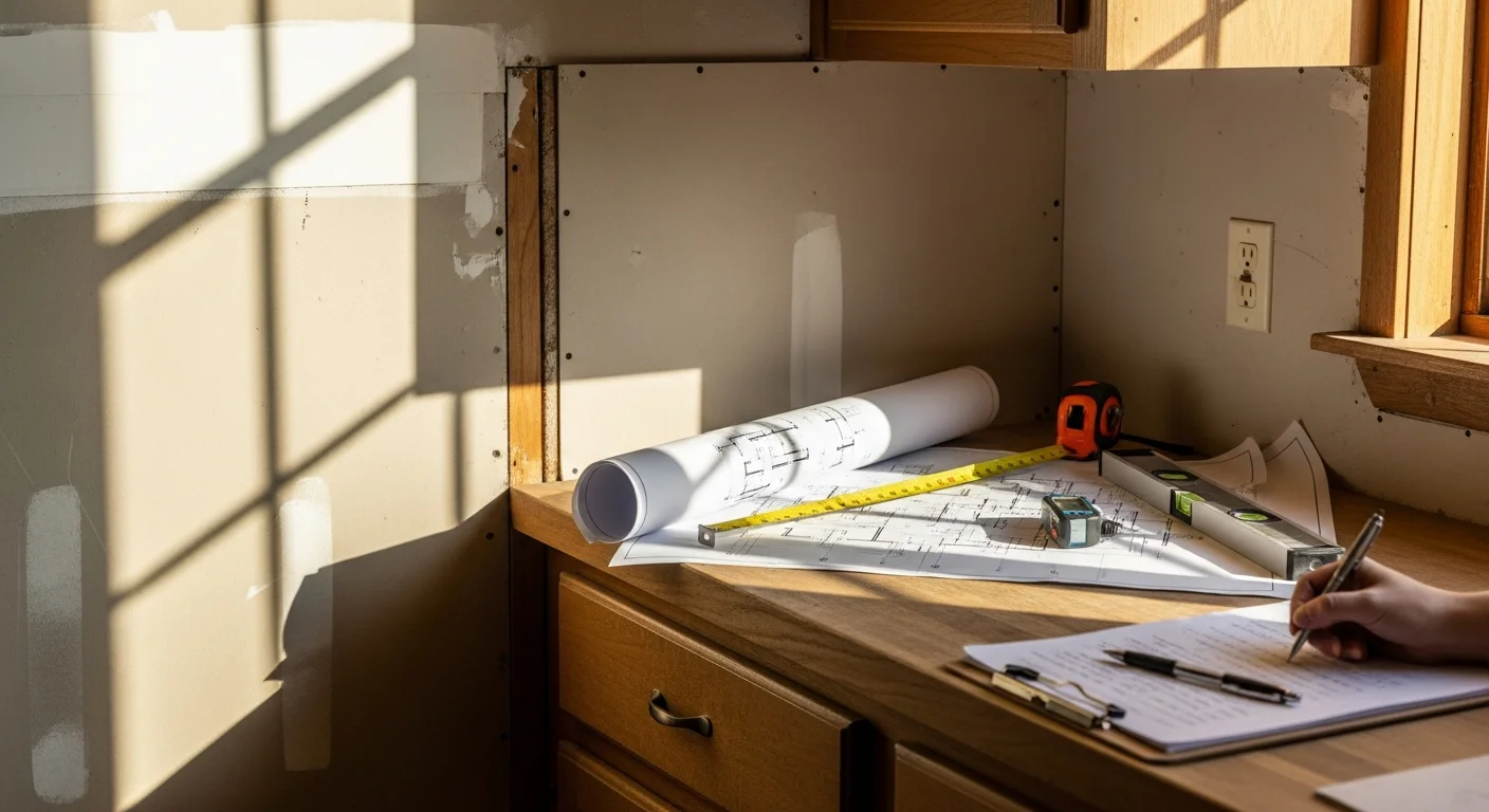 A general contractor and homeowner reviewing remodeling plans at a kitchen table inside a Fort Morgan, Colorado home. Blueprints and a notepad with project notes are visible on the table.