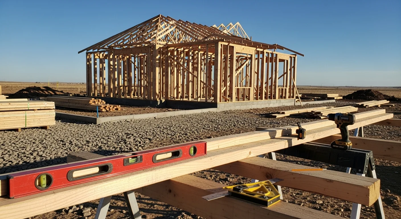 A newly framed single-family home under construction on a residential lot in Fort Morgan, Colorado, with wood framing and open blue sky in the background. A general contractor reviews structural plans on-site during the framing phase.