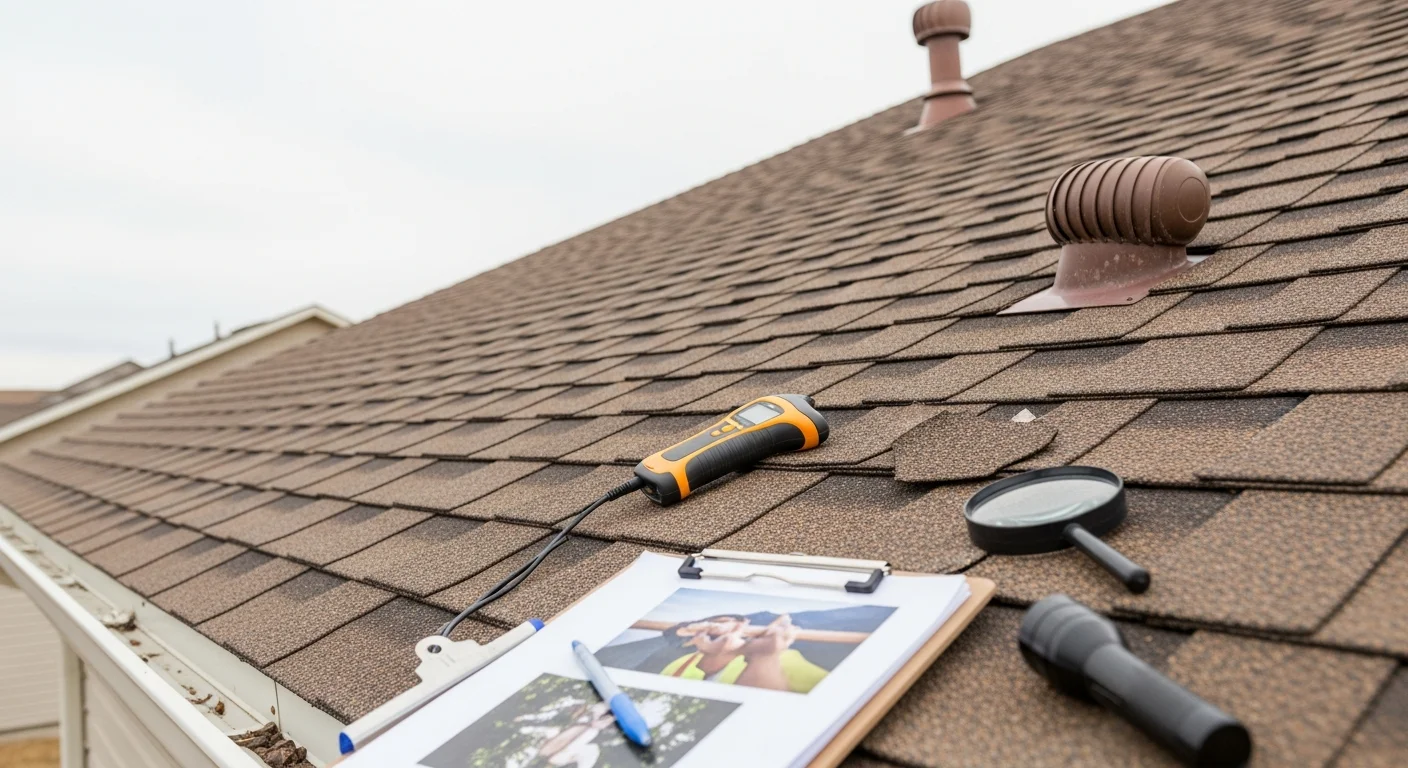 An Eldorado Builds roofing contractor inspecting the shingles and flashing on a single-family home in Fort Morgan, Colorado. The inspector is documenting hail damage and granule loss on the roof surface under a clear Colorado sky.