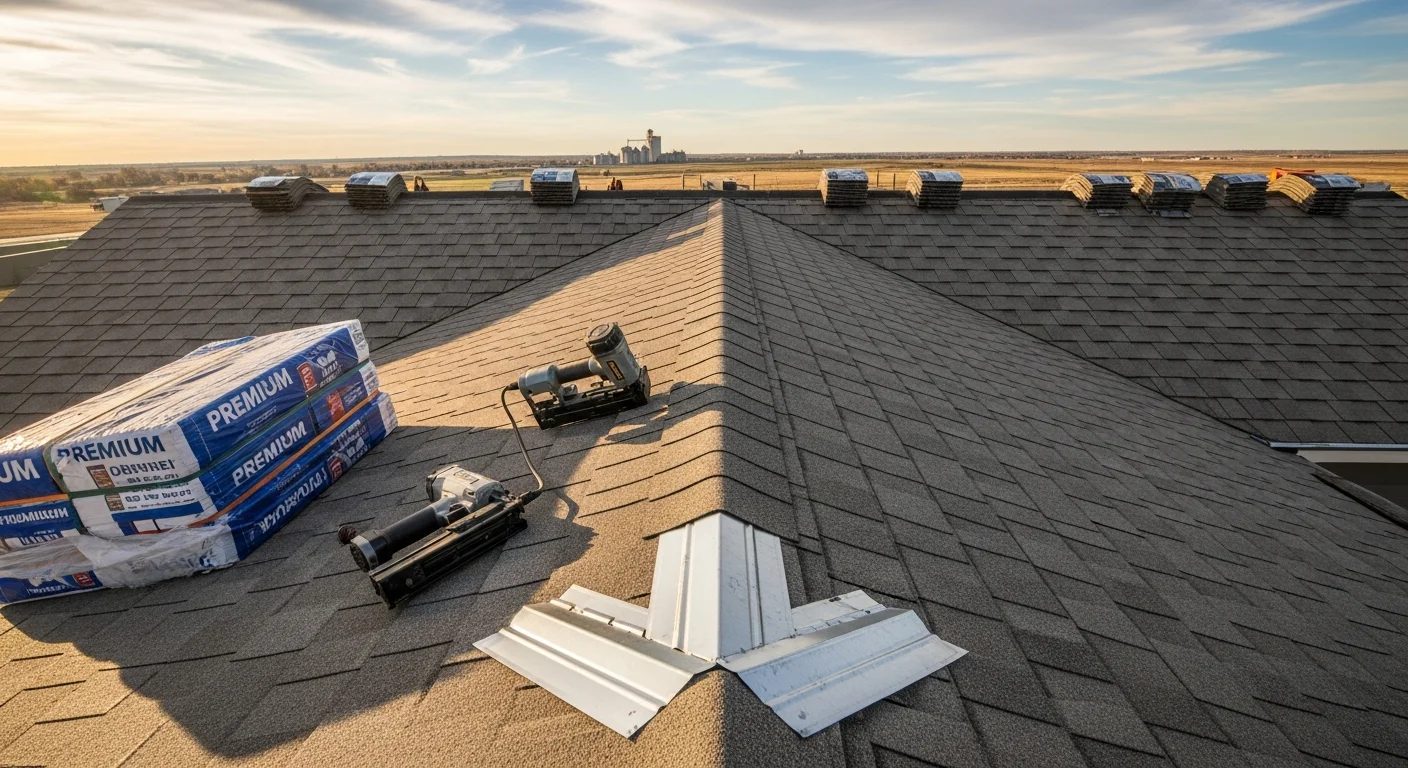 A newly installed roof on a single-family ranch-style home in Fort Morgan, Colorado, with clean ridge lines and uniform field coverage visible against the open plains sky. The completed installation shows full deck coverage on a residential property typical of the Fort Morgan area.