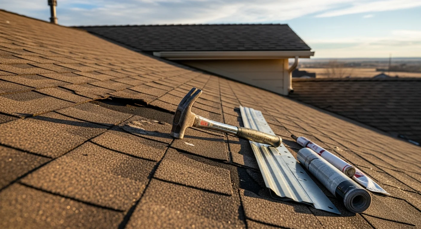 A Fort Morgan, Colorado residential roof with repaired shingles and sealed flashing following hail storm damage. The repaired section shows uniform shingle coverage on a single-story home against a clear Colorado sky.