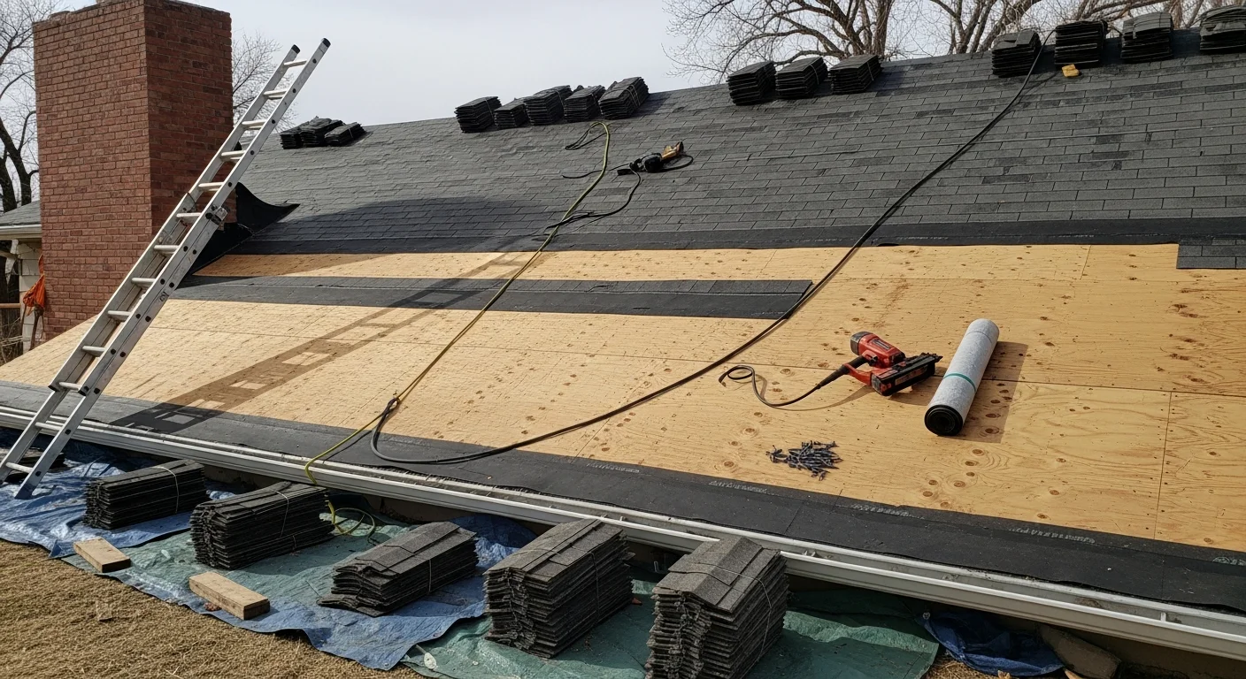 A completed roof replacement on a single-family ranch-style home in Fort Morgan, Colorado, showing new shingles installed across the full roof deck. The surrounding flat plains landscape of Morgan County is visible in the background.