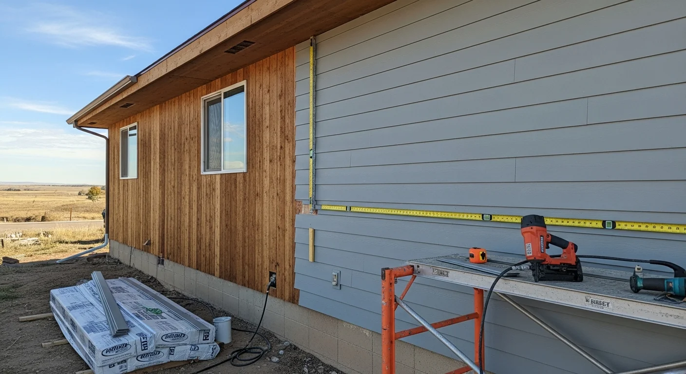 A Fort Morgan, Colorado single-family home with freshly installed exterior siding showing clean panel lines and tight corner trim. The home sits on an open lot typical of the eastern Colorado plains with a clear sky behind it.