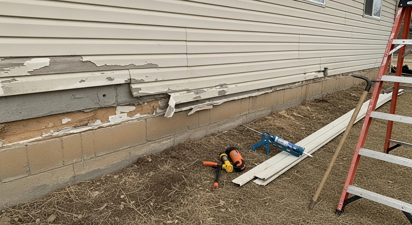A Fort Morgan, CO ranch-style home with freshly repaired exterior siding, showing clean panel lines and no visible gaps or damage. The repair blends with the surrounding original siding on a single-family residential property.