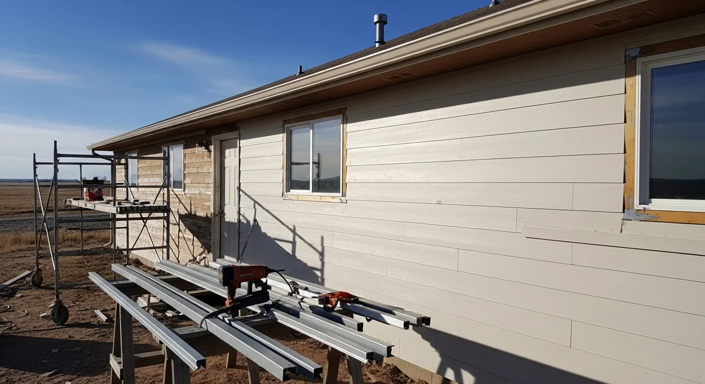A Fort Morgan, Colorado ranch-style home with newly installed exterior siding replacing worn, hail-damaged panels. The finished wall shows clean lines and tight seams along the front facade.