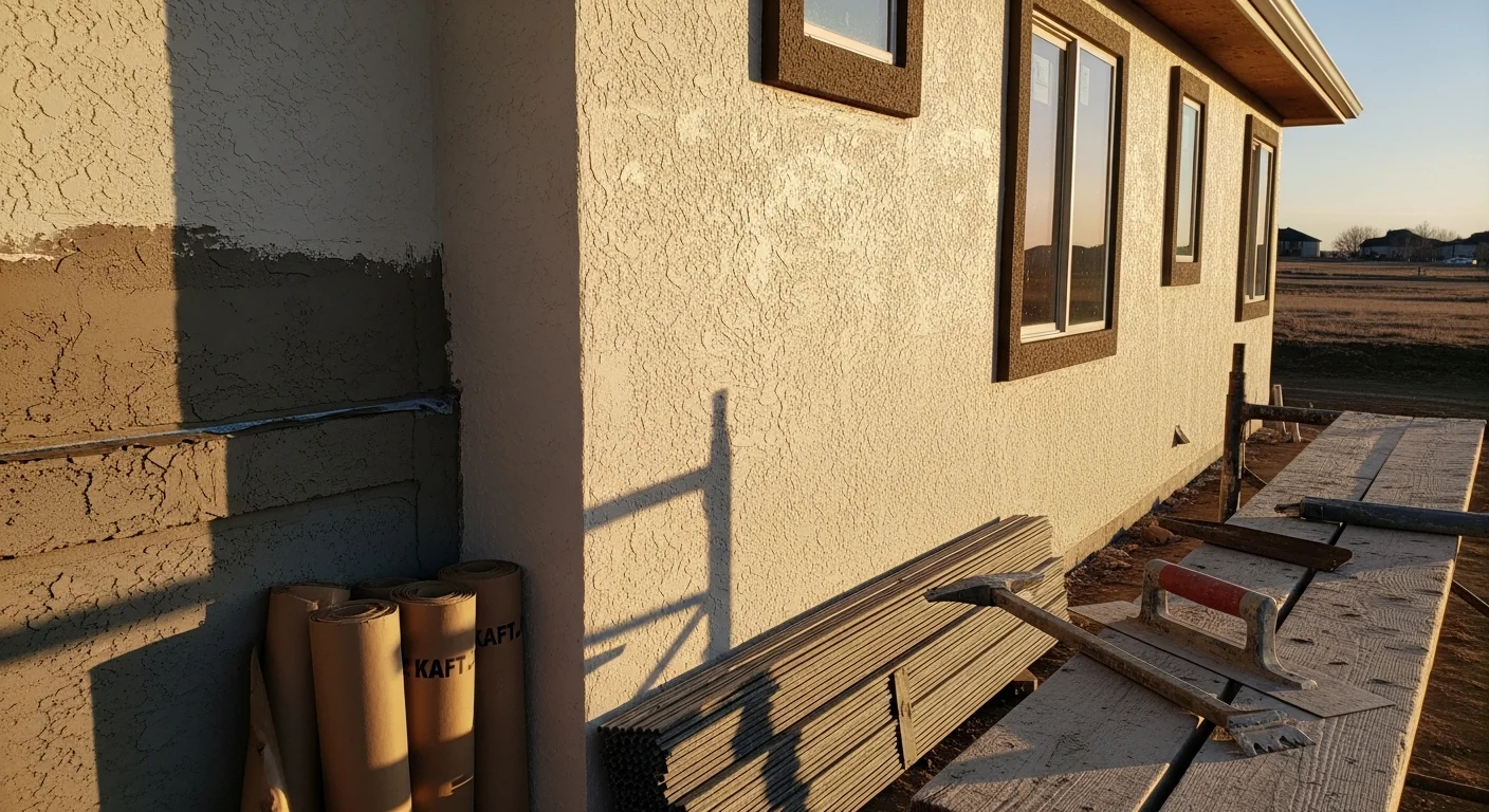 Freshly installed three-coat stucco exterior on a single-story residential home in Fort Morgan, Colorado, showing a smooth textured finish coat around window trim and corners. The exterior wall surface is uniform in color with clean expansion joint lines visible along the facade.