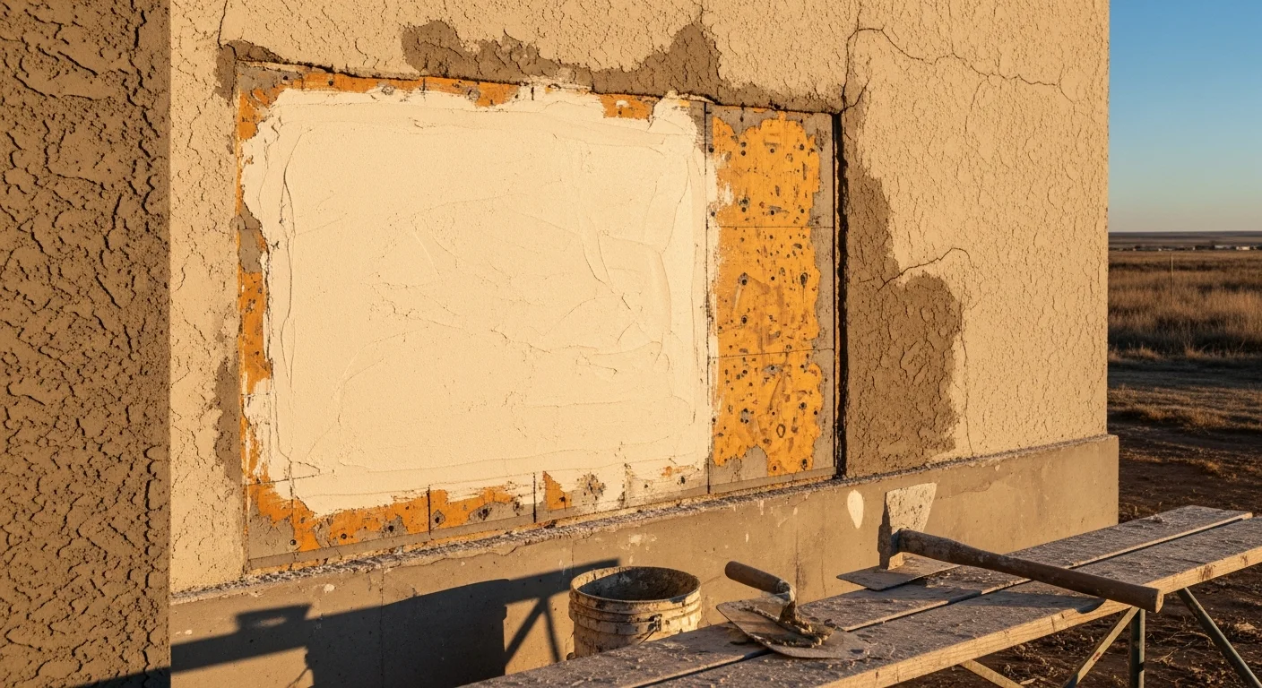 Close-up of a repaired stucco exterior on a Fort Morgan, Colorado home, showing a smooth, color-matched finish with no visible cracks or damage. A contractor from Eldorado Builds applies a finish coat to a patched section of the home's exterior wall.