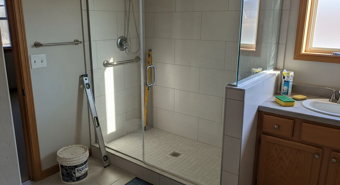 A finished walk-in shower installed by Eldorado Builds in a Fort Morgan, CO home, featuring a curbless entry, tiled walls, and a frameless glass panel. The bathroom floor is level with the shower floor, and a built-in niche is visible on the side wall.